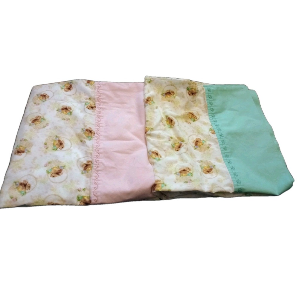 Handmade Easter Pillowcases Bunny Basket Eggs Pink Blue Edge Set Of 2 37"x19"